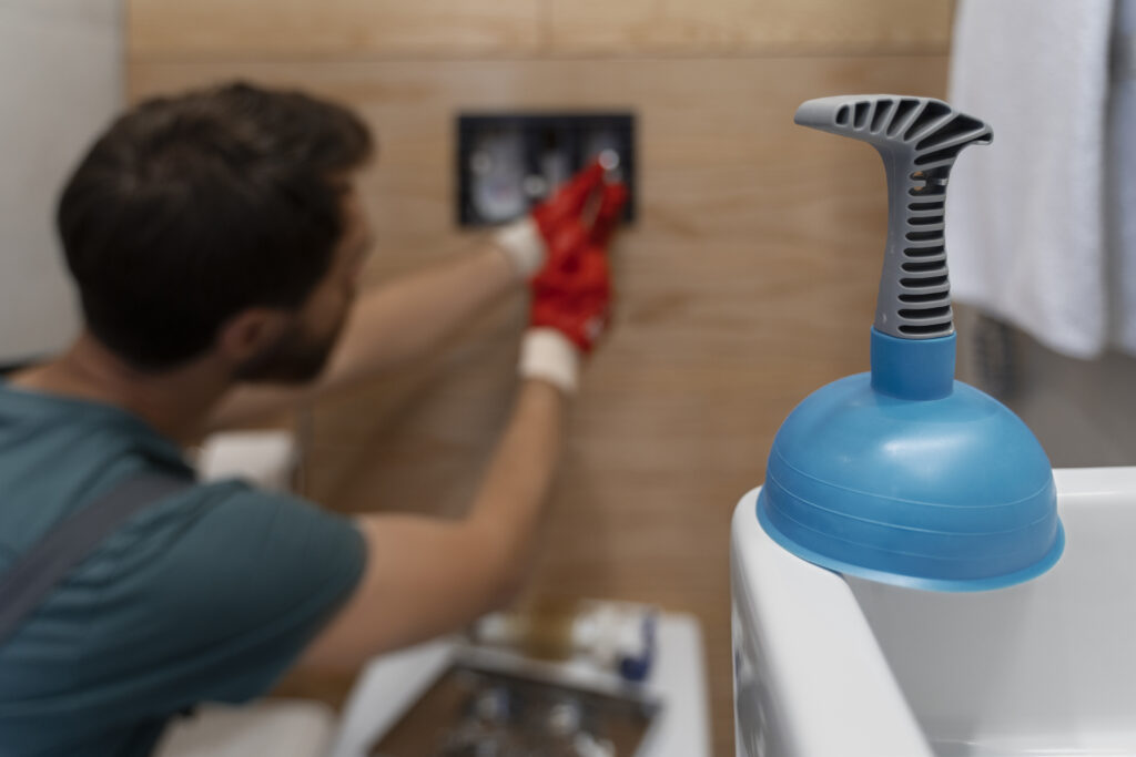 homme de vue laterale travaillant comme plombier